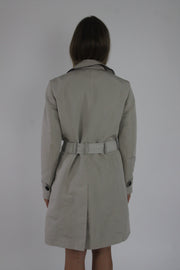 beige belted trench coat back view
