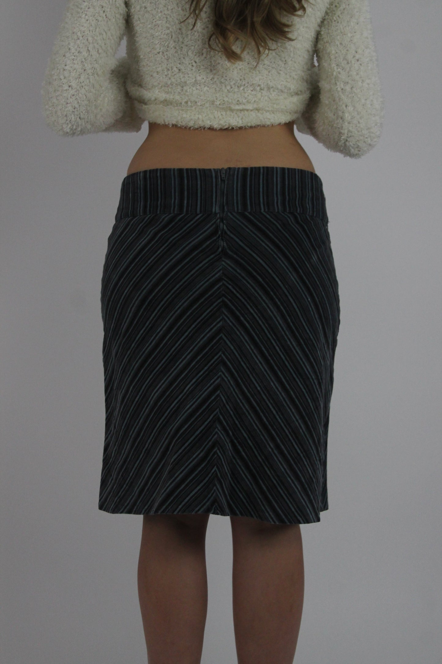 black chevron pinstripe midi skirt back view