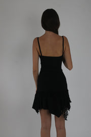 black and gold-trim asymmetric slip dress back view