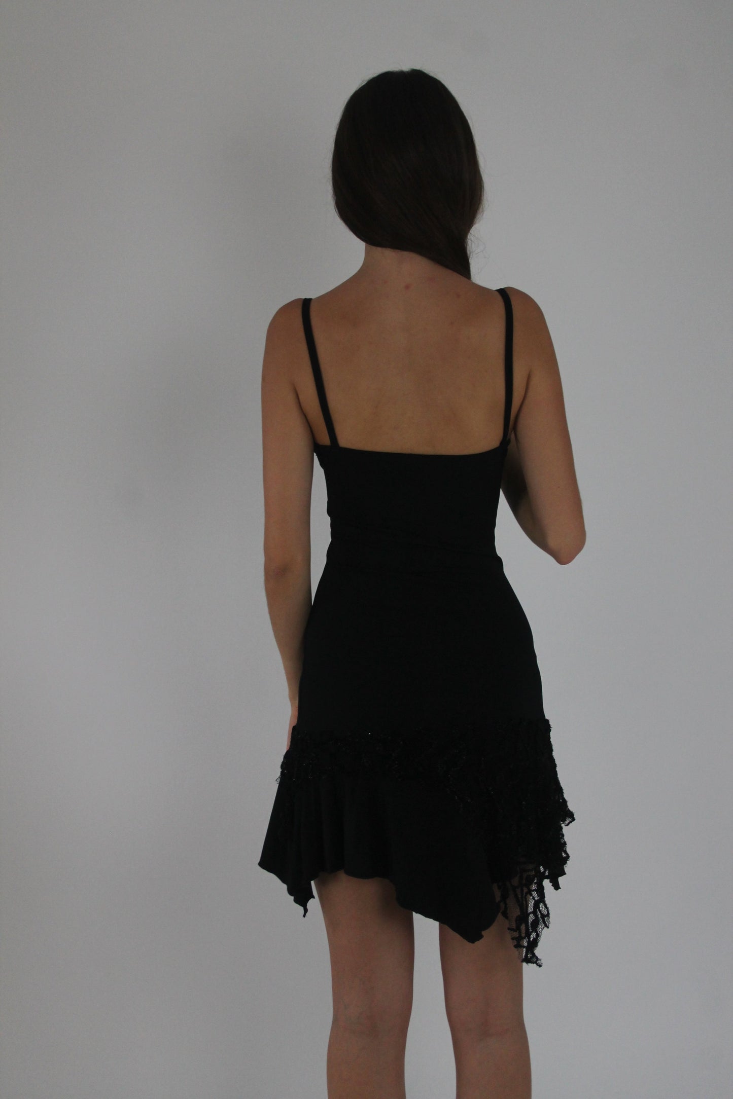 black and gold-trim asymmetric slip dress back view