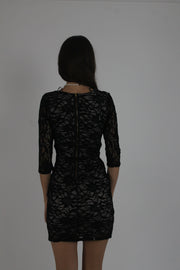 black lace three-quarter-sleeve mini dress back view