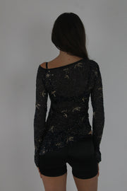 black metallic lace long-sleeve mini dress back view