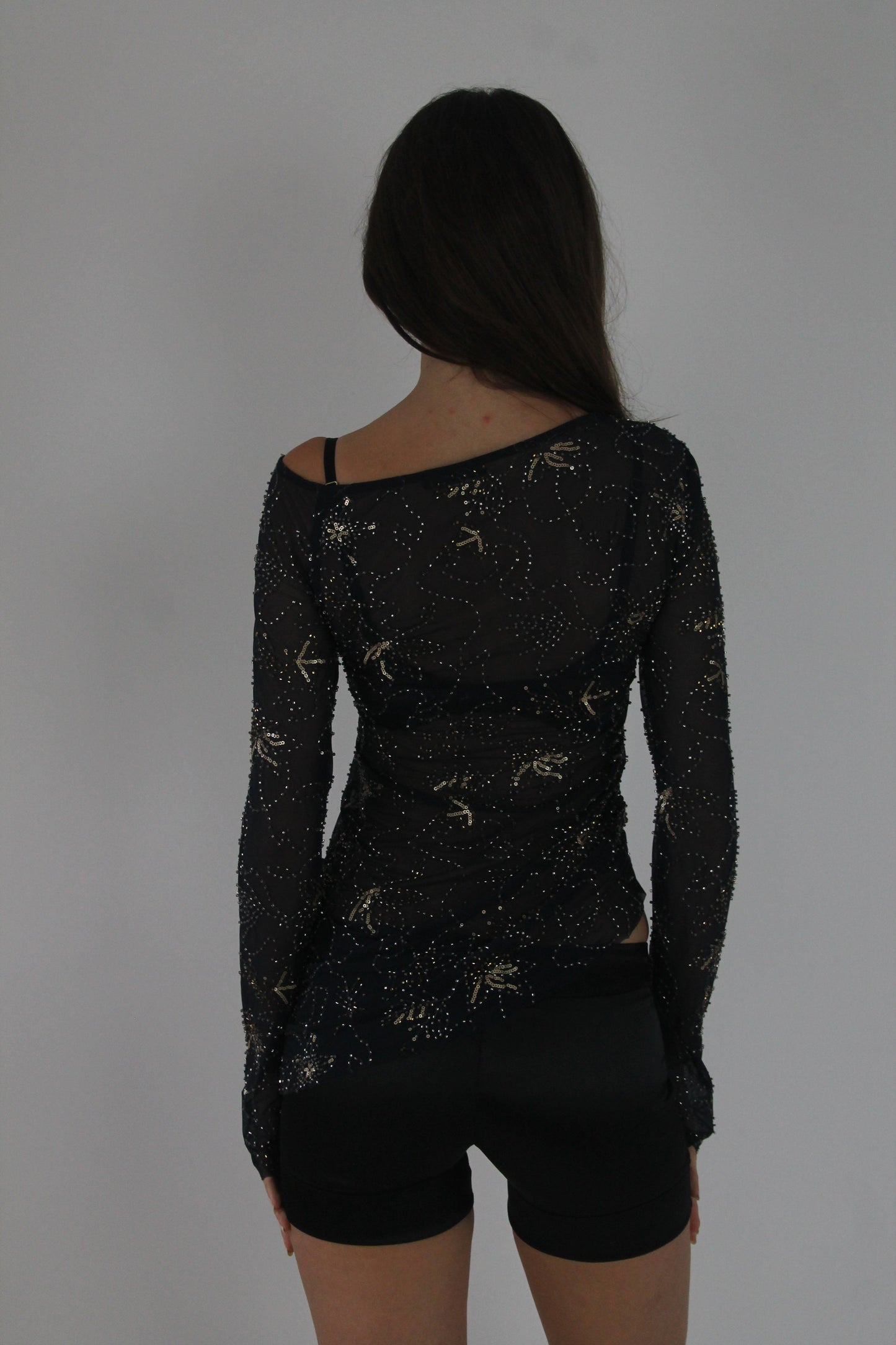 black metallic lace long-sleeve mini dress back view