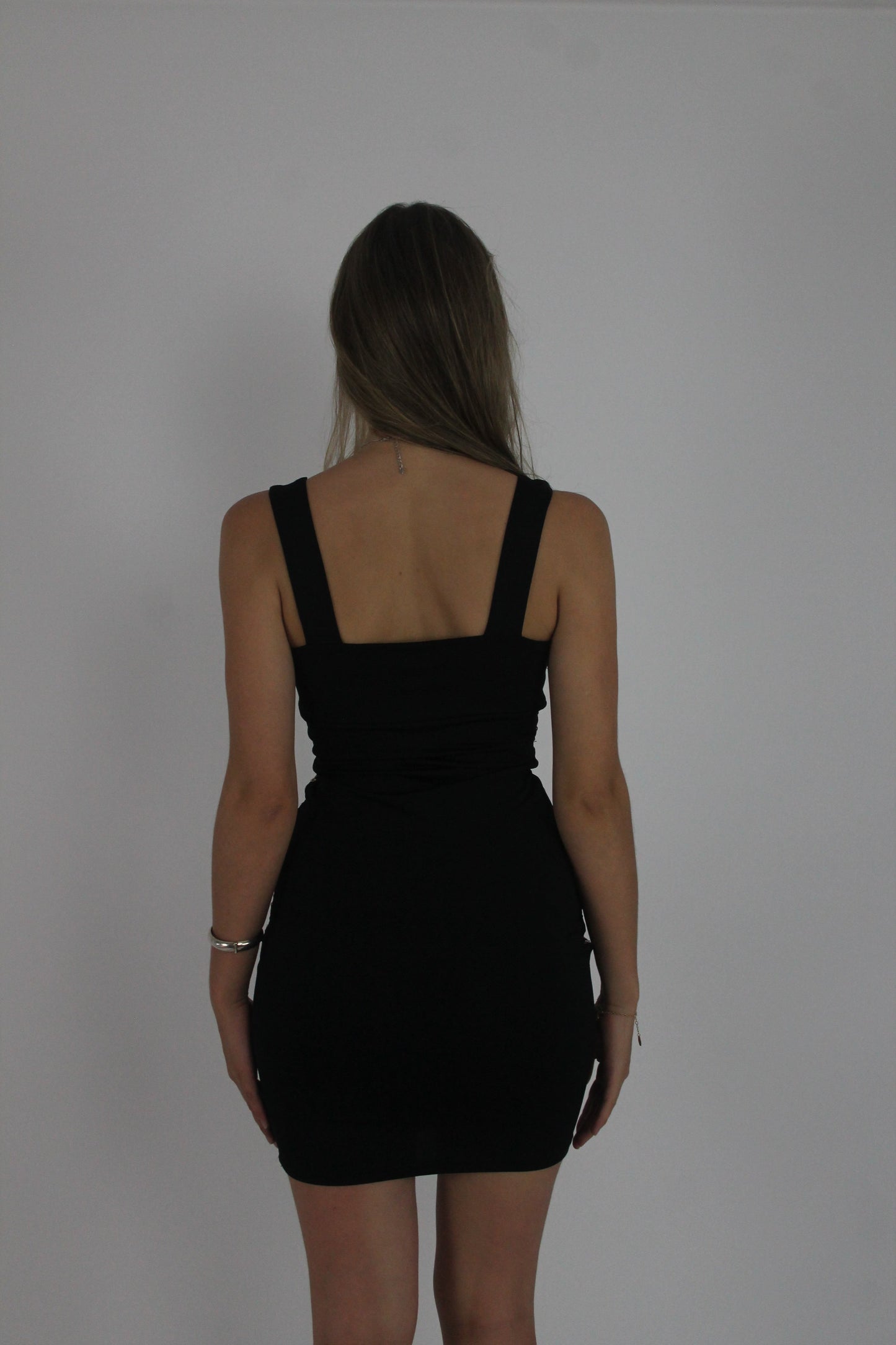 black and silver sequin-panel mini dress back view