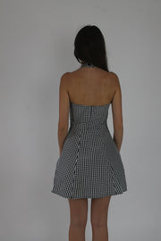 black and white gingham halterneck mini dress back view