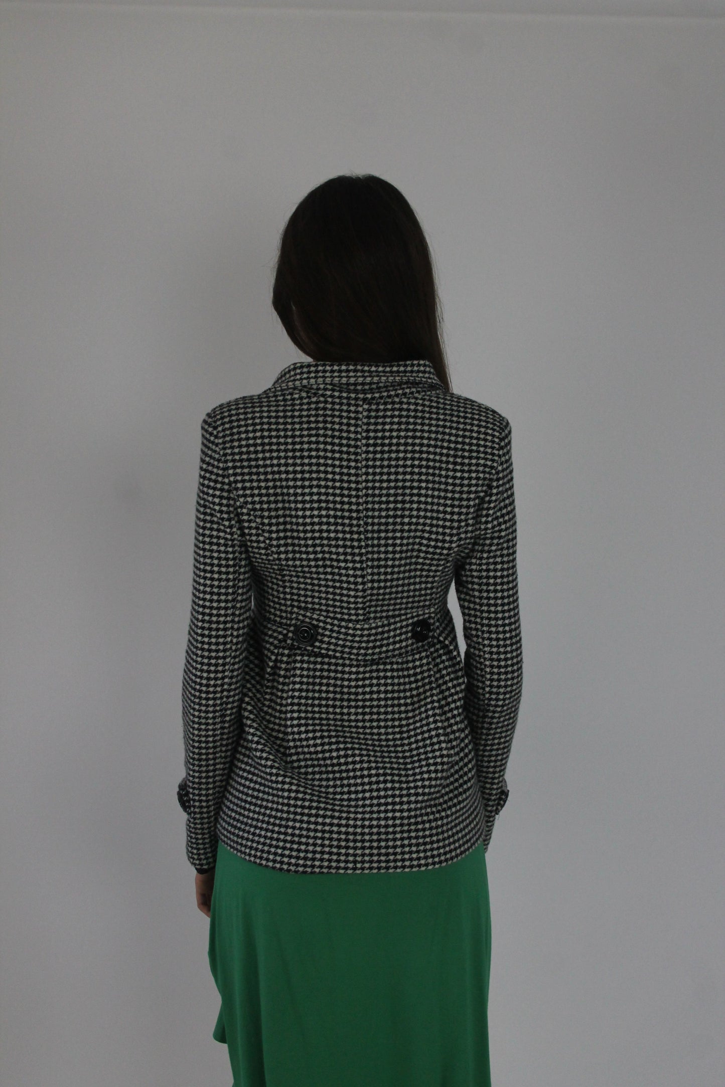 black and white houndstooth jacket back view