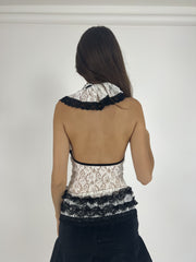 black and white lace ruffle halter top back view