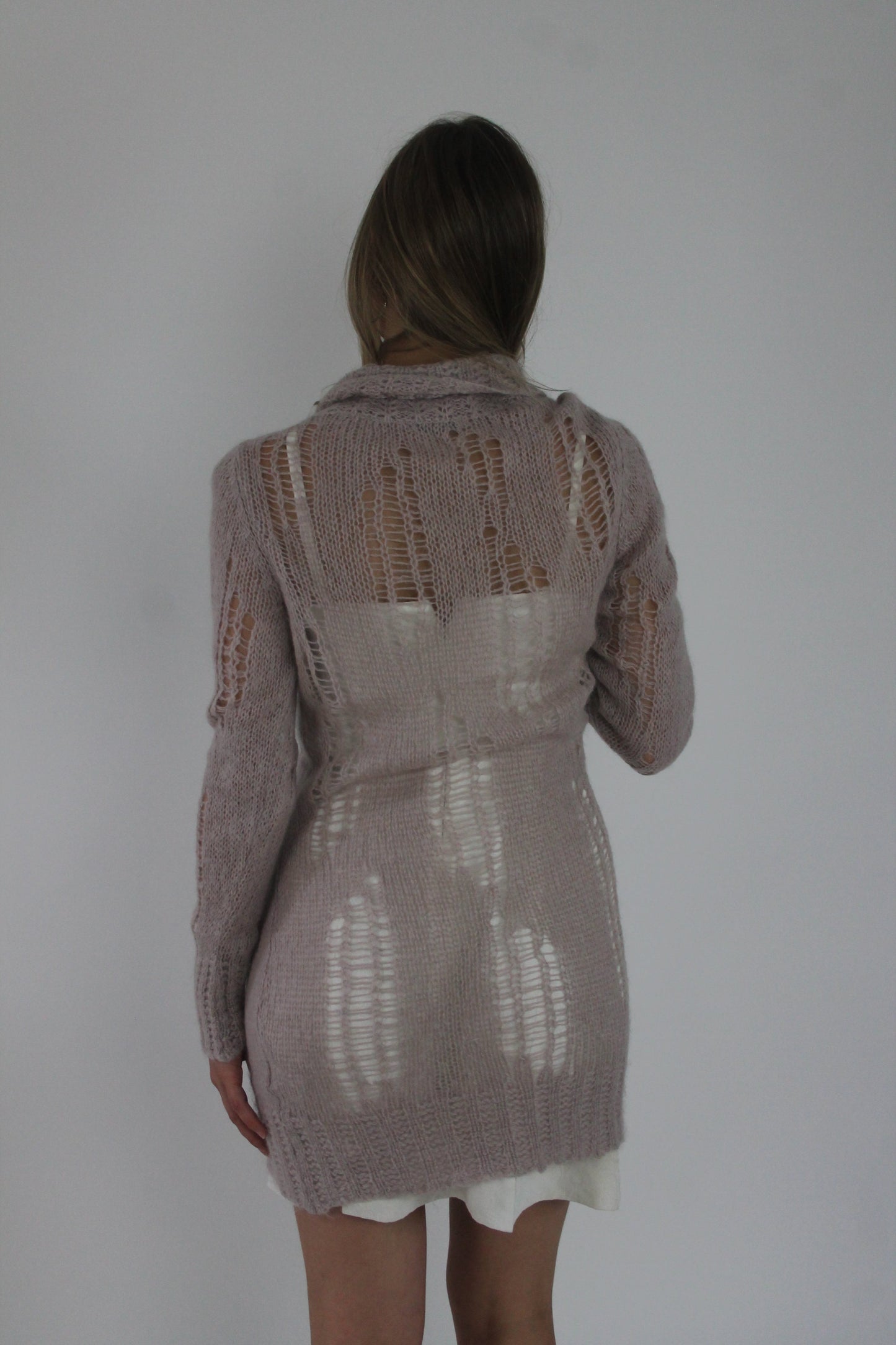 blush sheer crochet long-sleeve mini dress back view