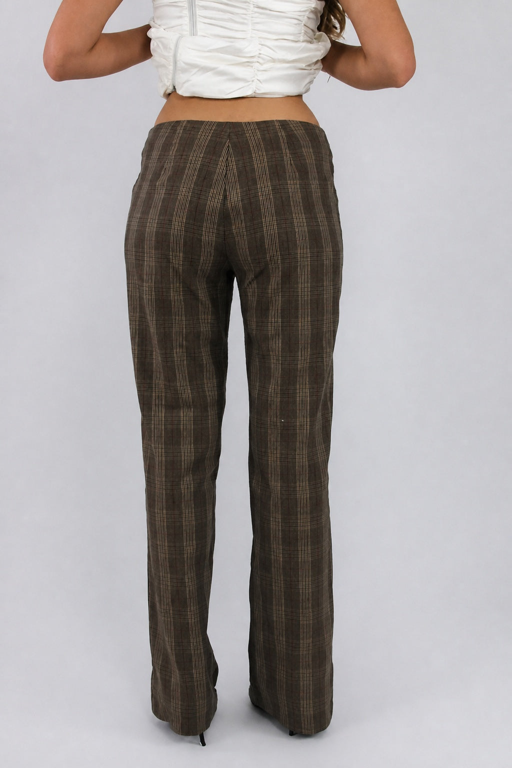 brown plaid flared trousers back view