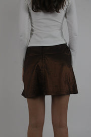 brown satin-style a-line mini skirt back view