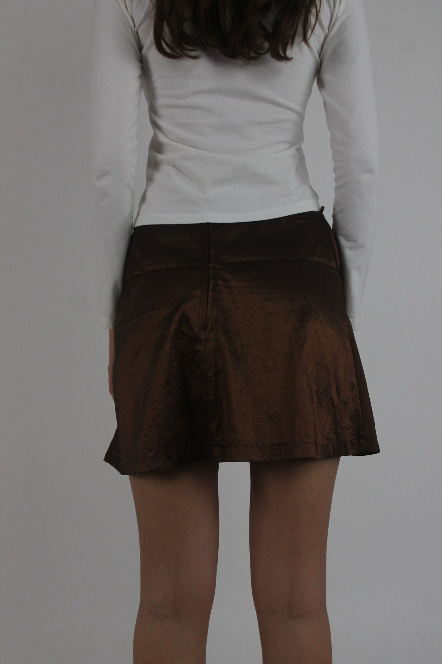 brown satin-style a-line mini skirt back view