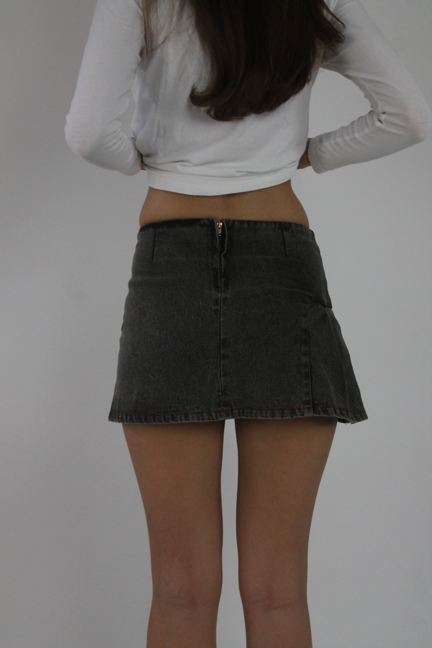 grey estasy pleated denim mini skirt back view