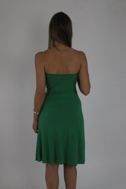green strapless midi dress back view