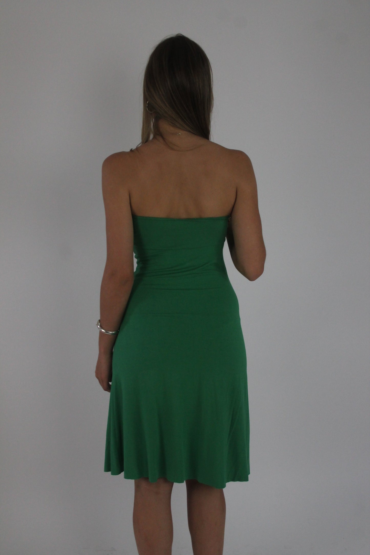 green strapless midi dress back view