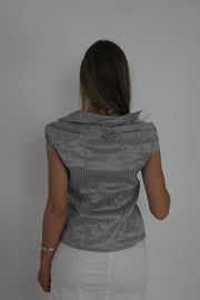 grey pinstripe ruched blouse back view