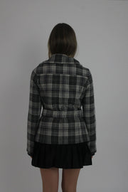 grey plaid belted jacket back view