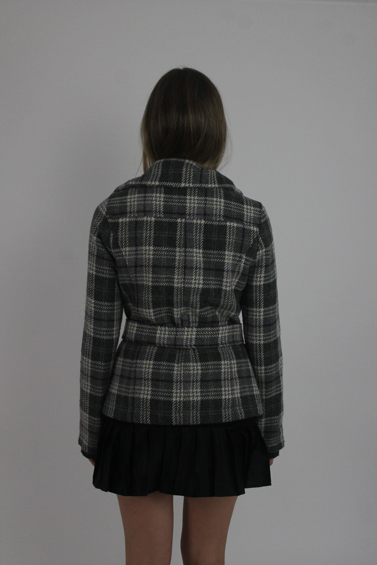 grey plaid belted jacket back view