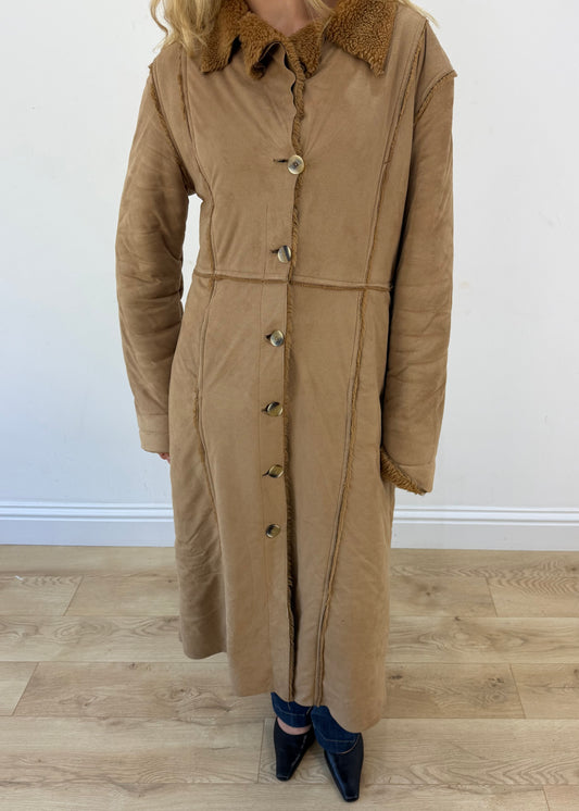 medium brown afghan long coat - zoomed aesthetic buttoned