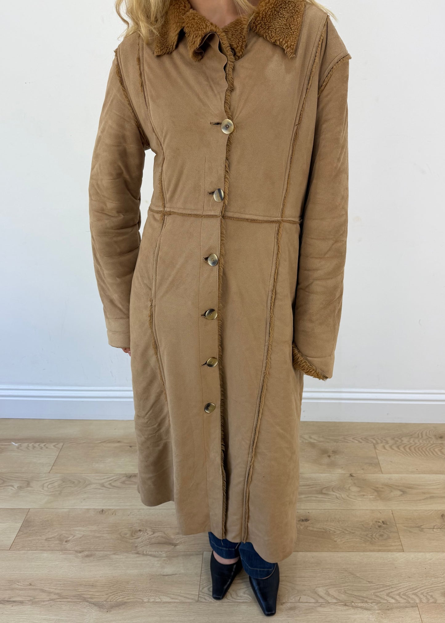 medium brown afghan long coat - zoomed aesthetic buttoned
