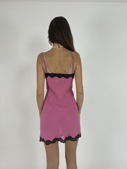 pink and black lace slip mini dress back view