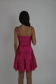 pink sequin and ruffle mini dress back view