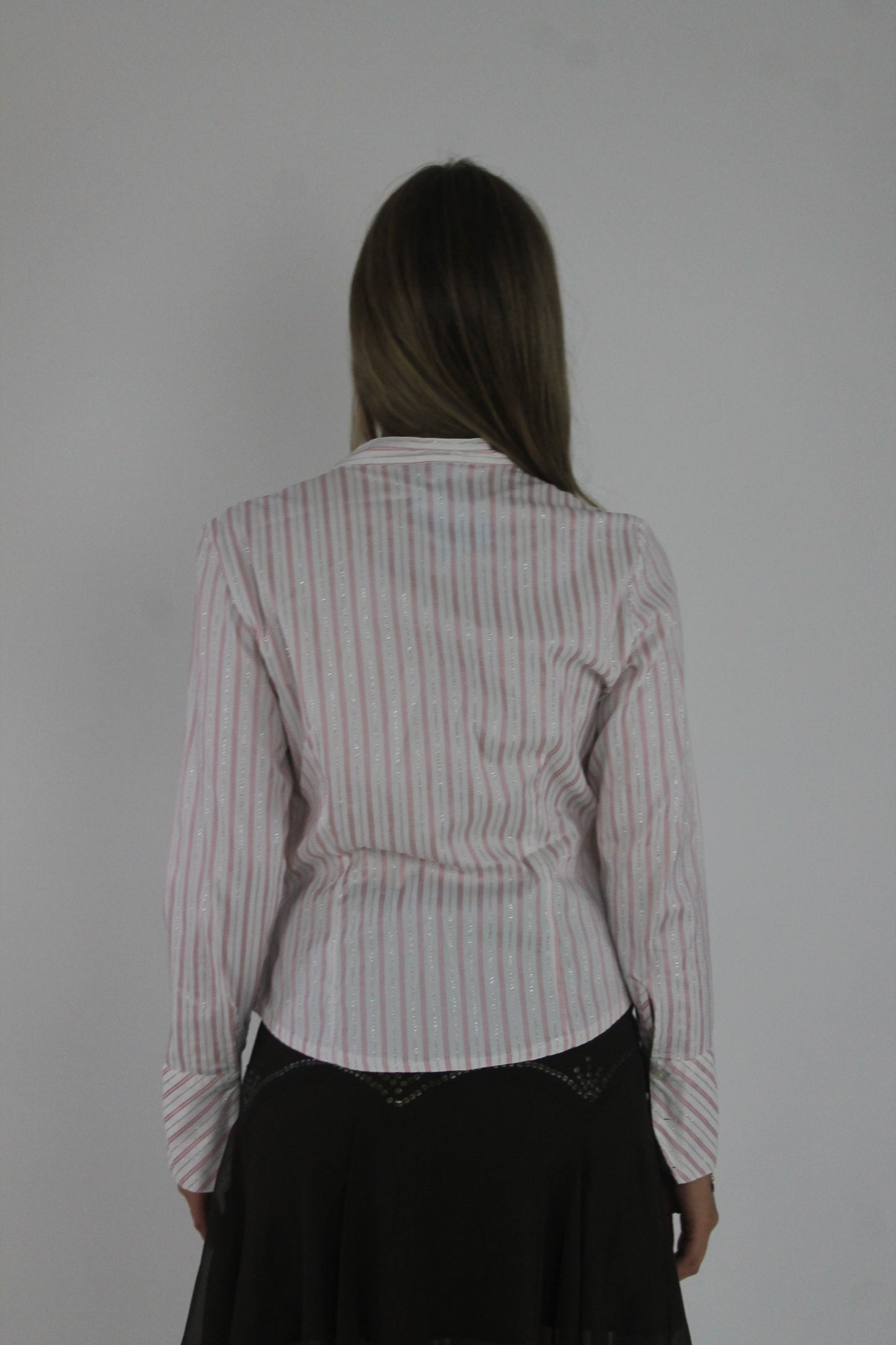 pink and white striped fitted blouse back view