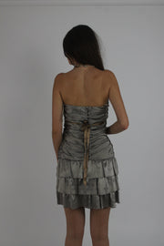 silver tiered satin-style mini dress back view
