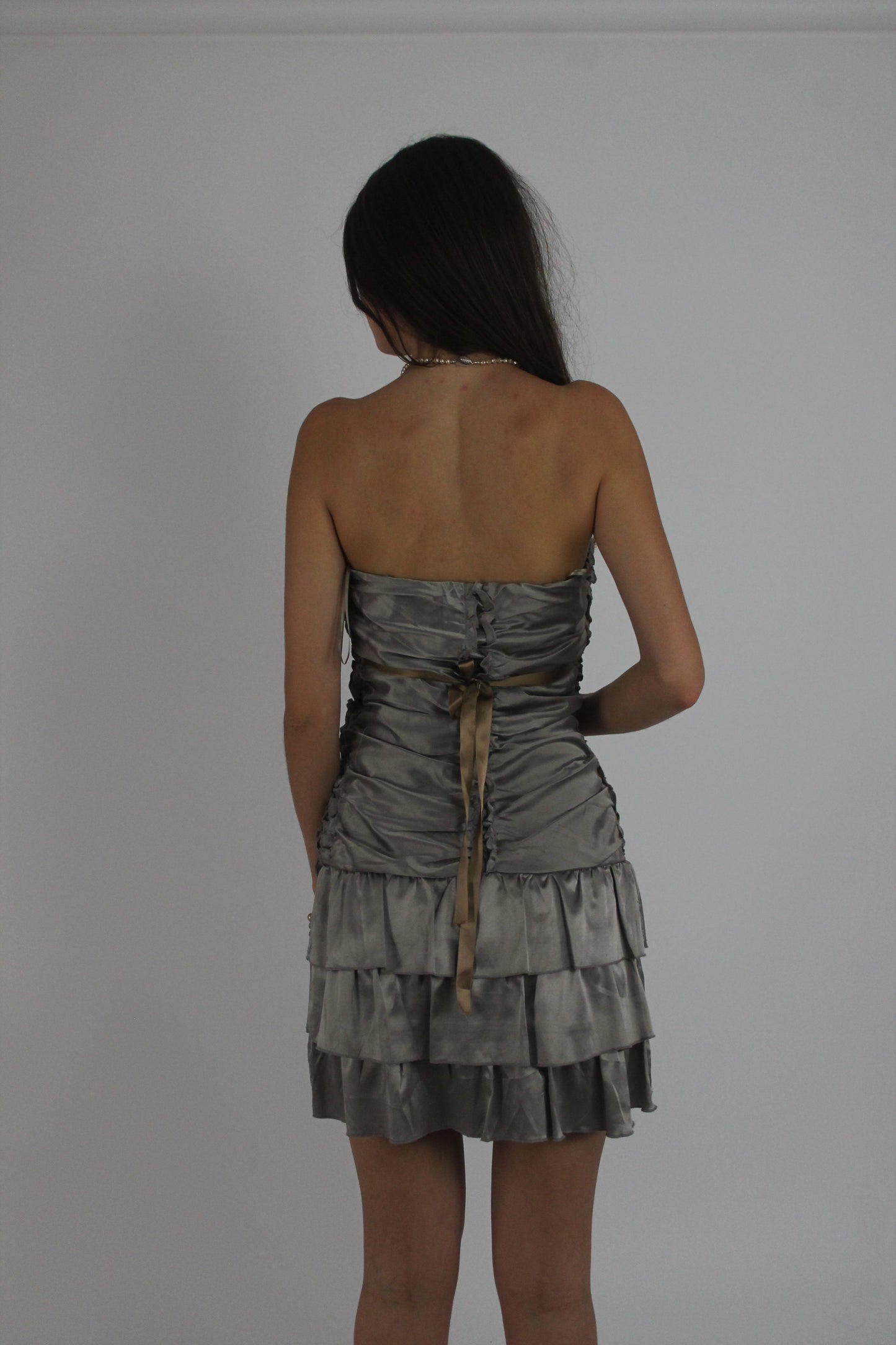 silver tiered satin-style mini dress back view