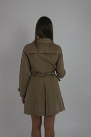 tan belted trench coat back view