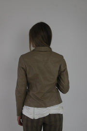 taupe brown fitted leather jacket back view