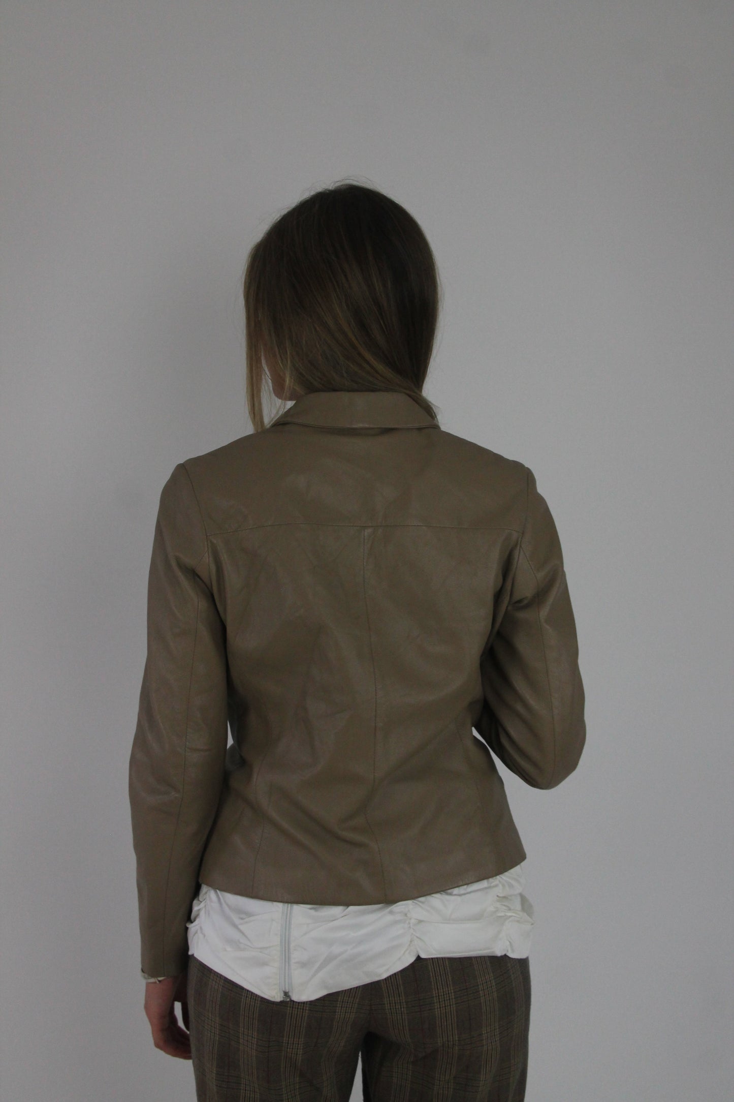 taupe brown fitted leather jacket back view
