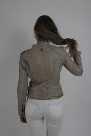 taupe fitted leather-look jacket back view