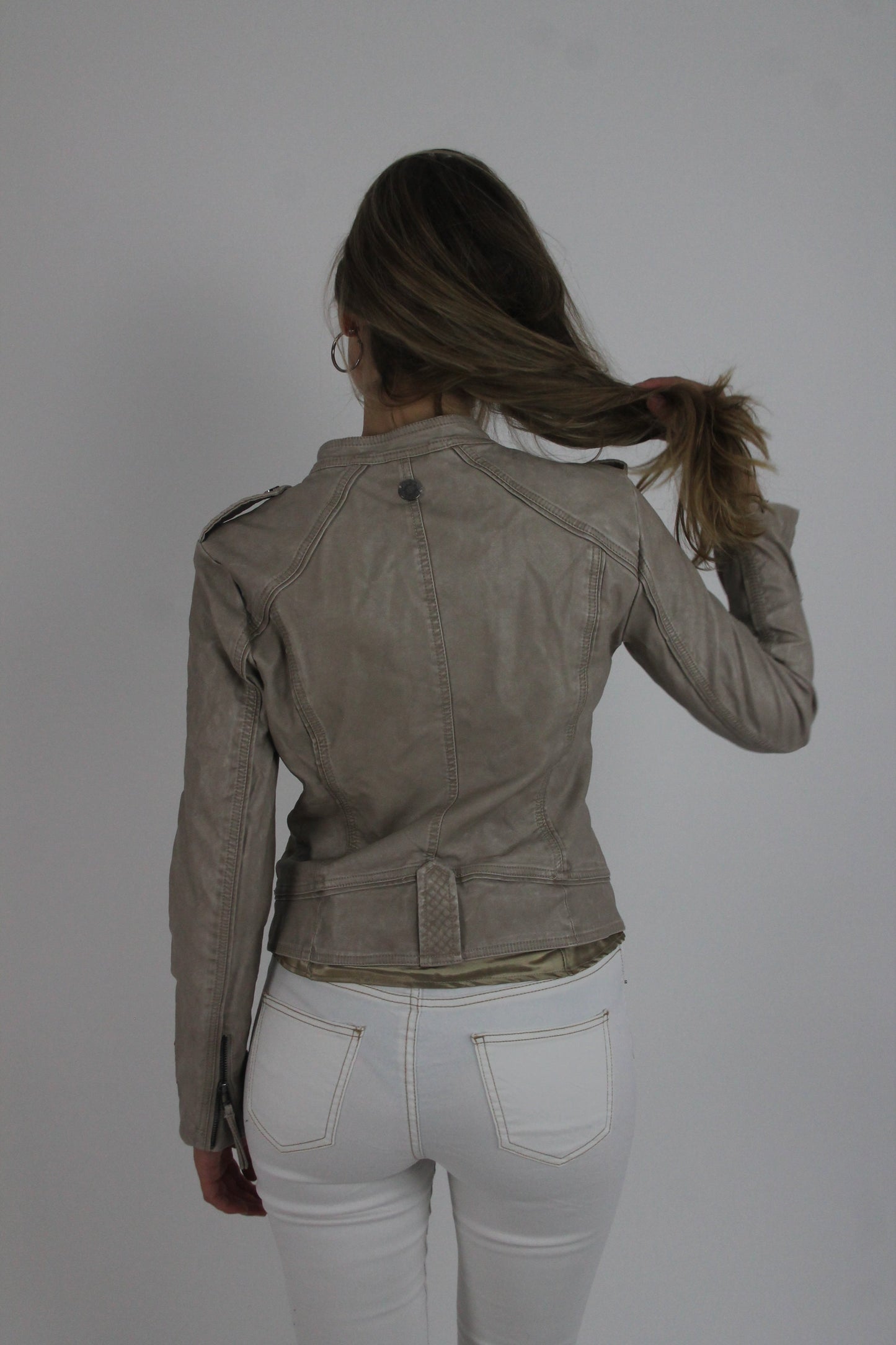 taupe fitted leather-look jacket back view