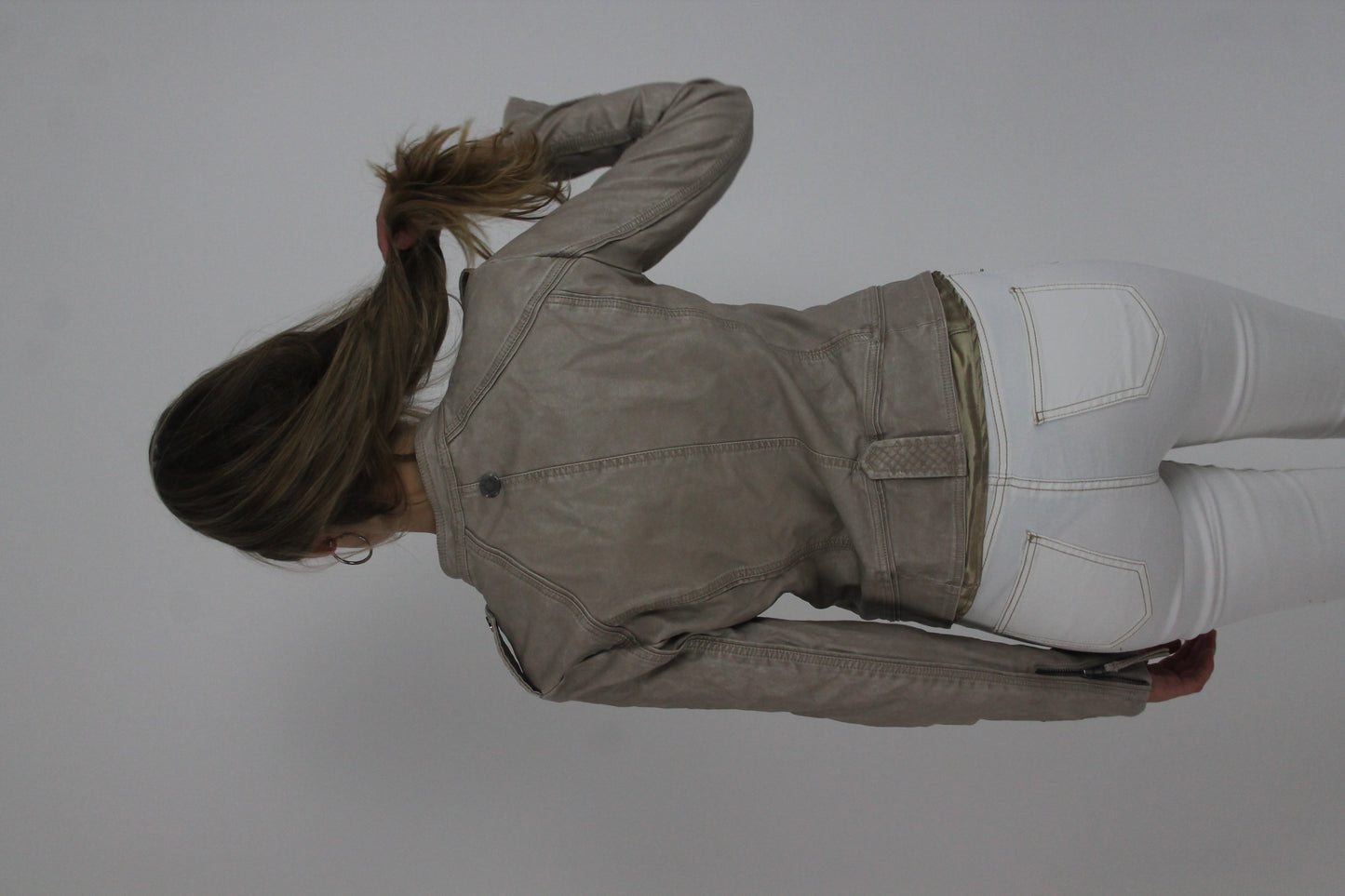 taupe fitted leather-look jacket back view