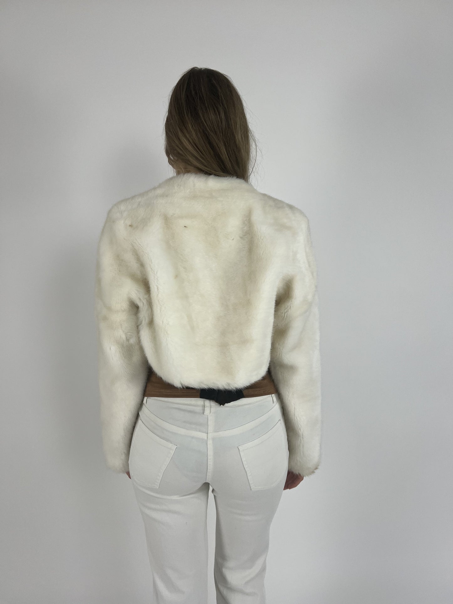white faux-fur style cropped jacket back view