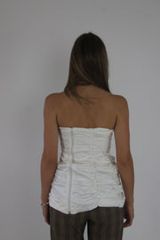 white ruched strapless top back view
