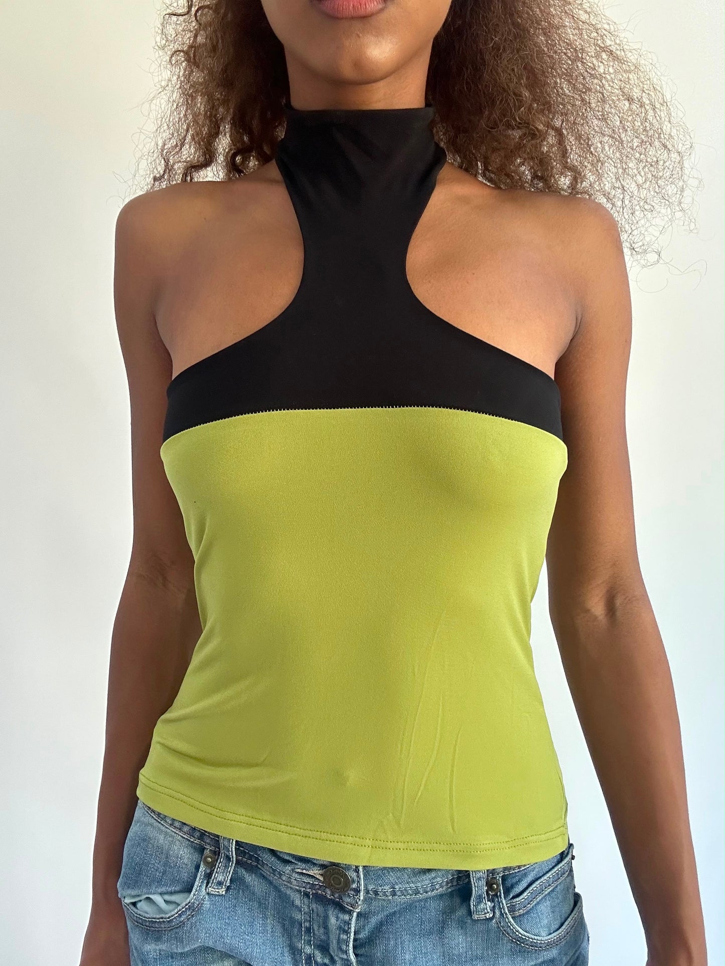 ‼️ | small green high neck top with black panel detail