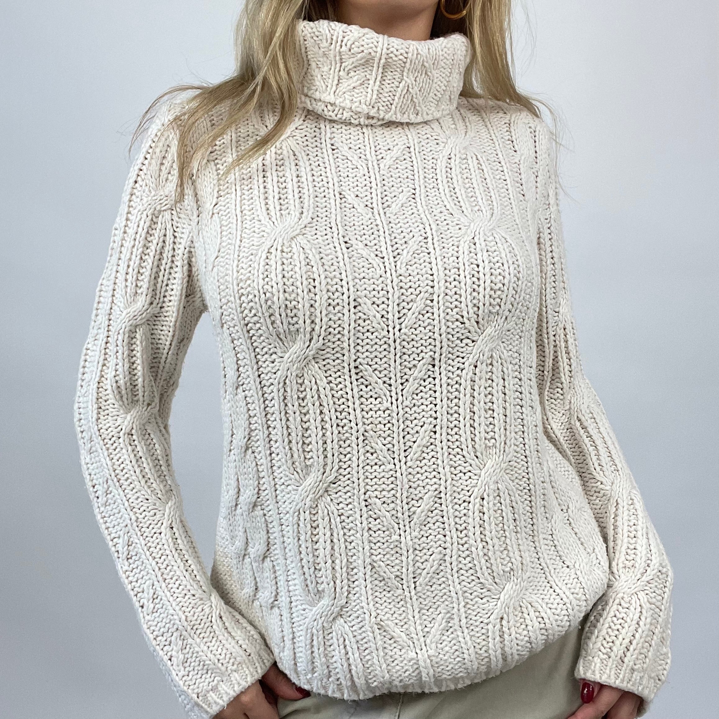 CHALET GIRL DROP small cream cable knit roll neck jumper – remass