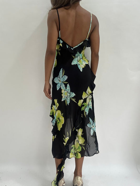 wedding guest drop | small black floral mesh overlay midi dress
