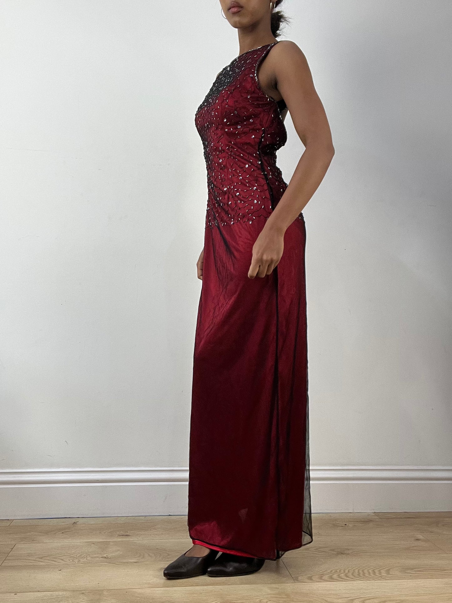 BEST PICKS | medium red maxi dress with sequin mesh overlay