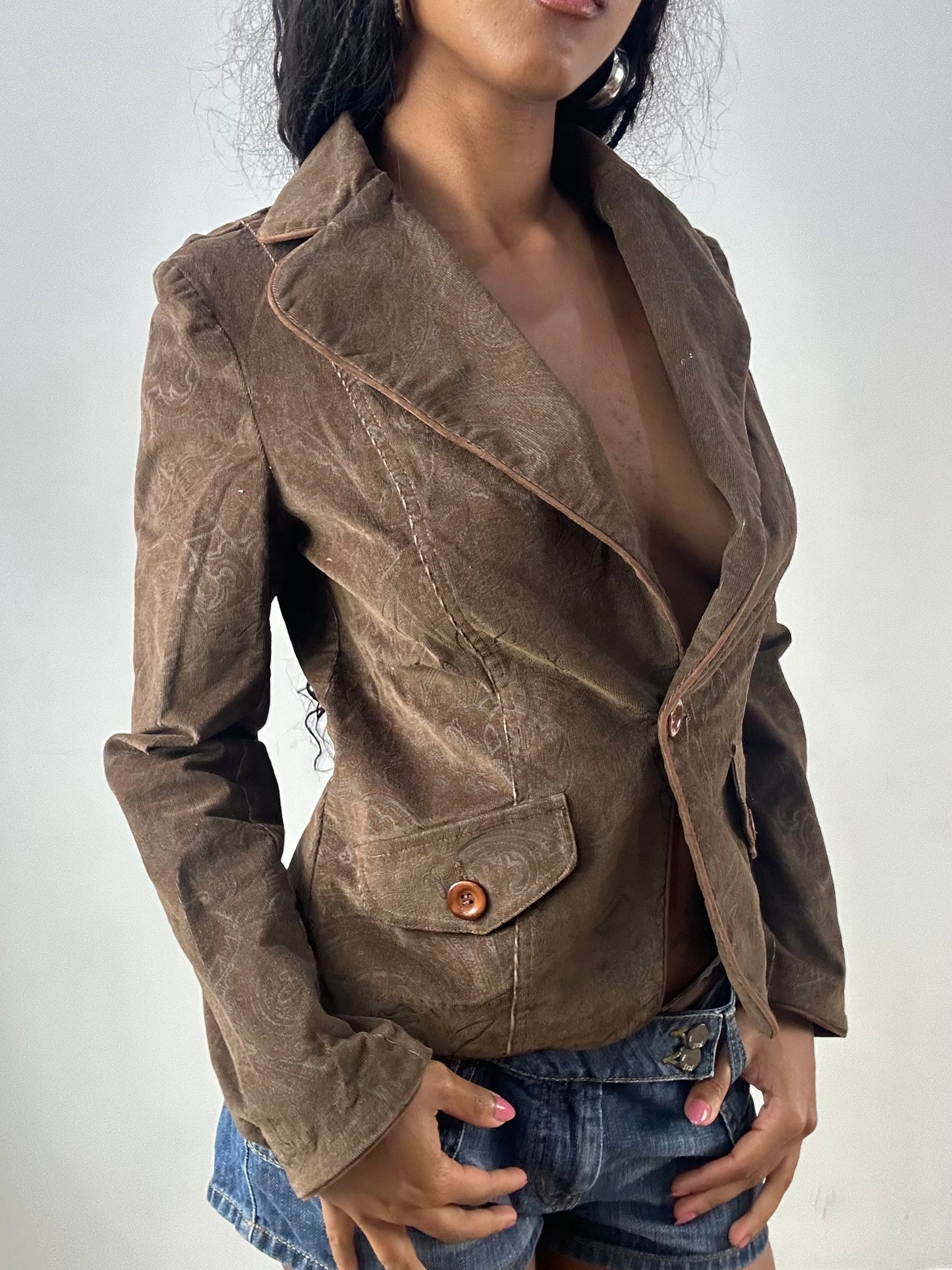 vintage edit: festival | small brown corduroy style blazer jacket with black western pattern detailing