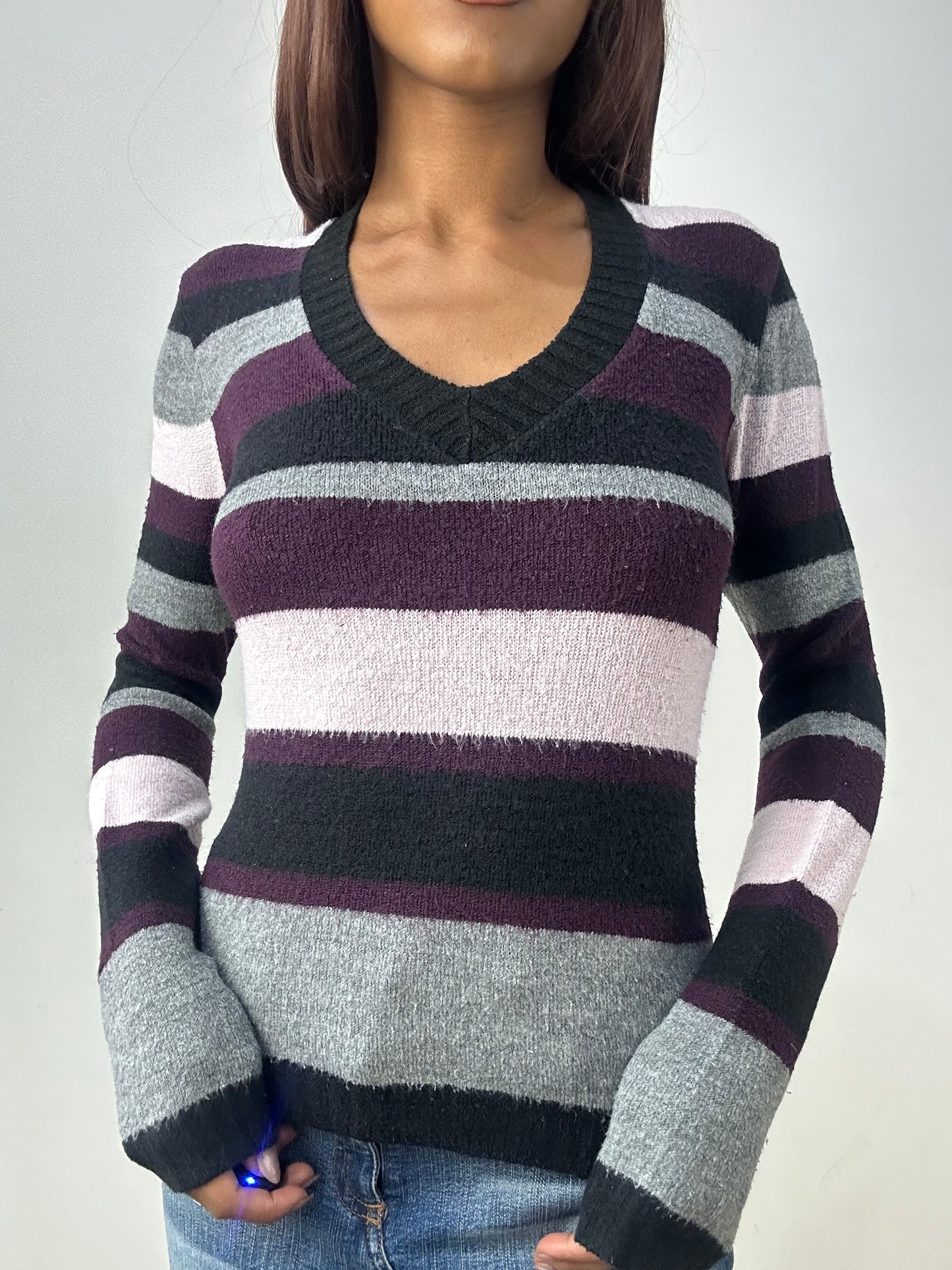 vintage edit thirty-three | small grey and purple knit jumper with stripes