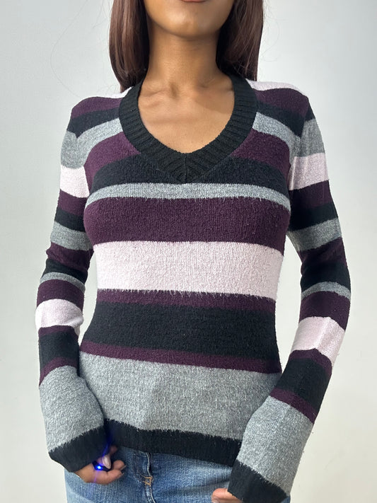 vintage edit thirty-three | small grey and purple knit jumper with stripes
