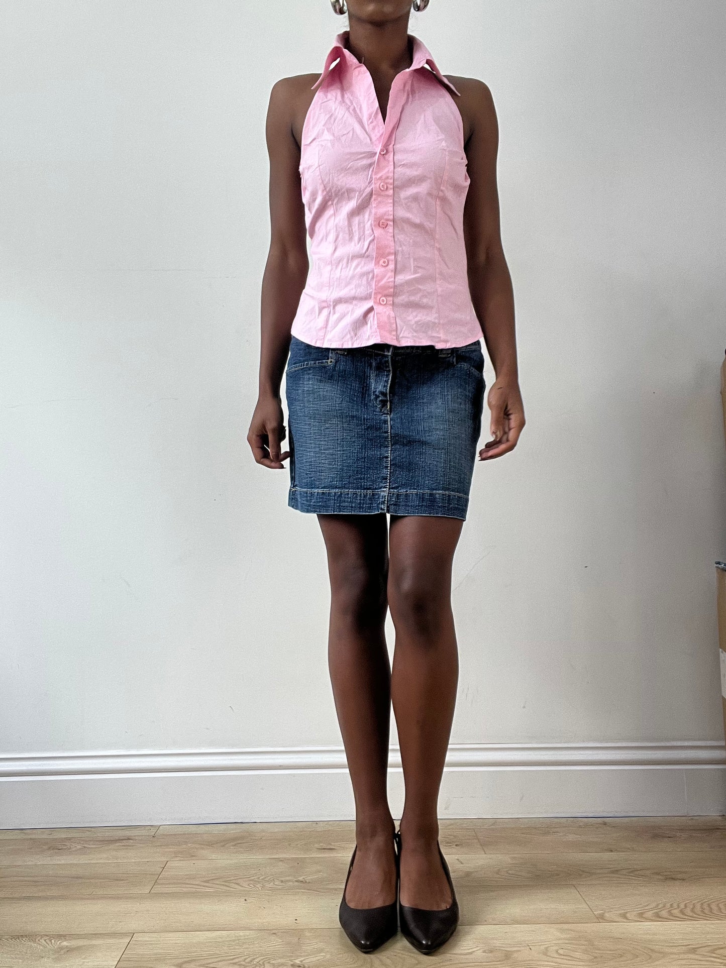 LFW edit | small pink halterneck button up shirt