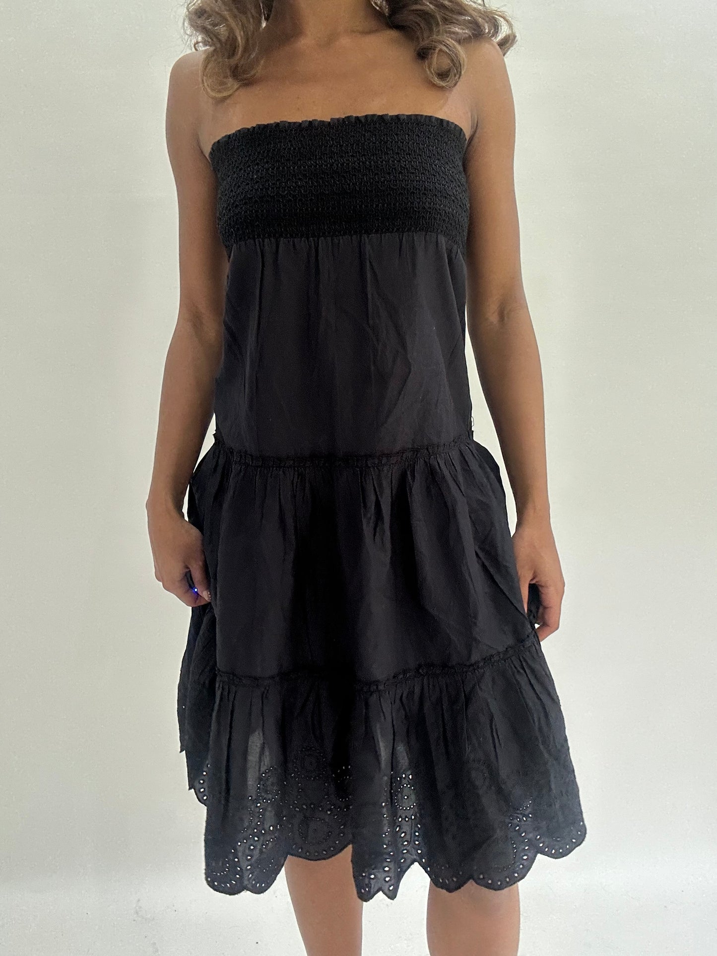 wedding guest drop | small black bandeau ruched midi dress