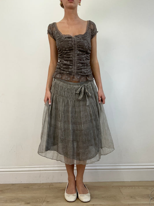 vintage edit twenty | medium 100% silk grey and brown floaty checkered midi skirt