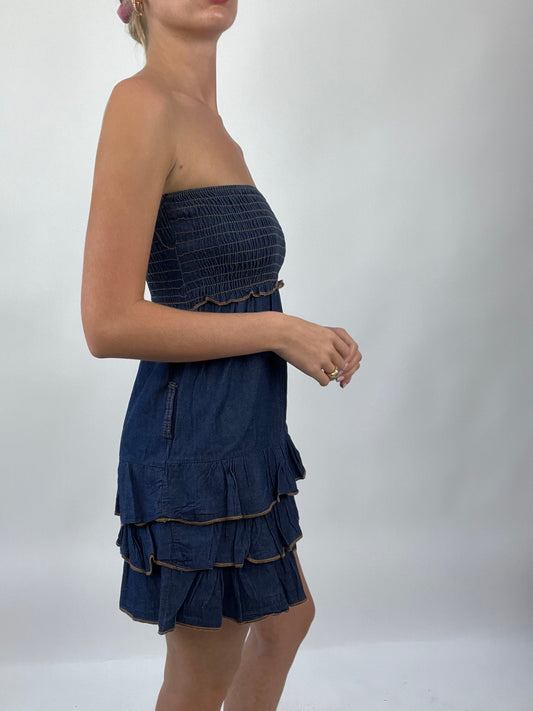 💻COASTAL COWGIRL DROP | small denim blue bandeau ruffle dress