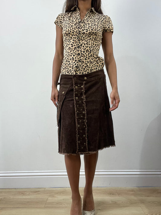 BEST PICKS | medium brown suede style studded midi skirt