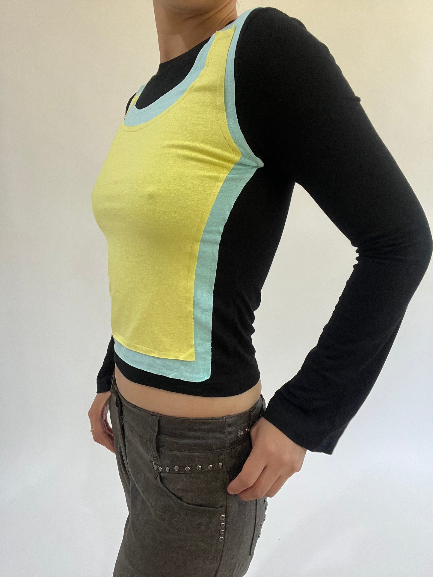 ‼️ | small black long sleeve top with yellow vest overlay detail
