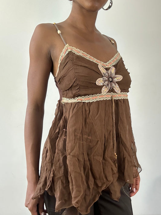 vintage edit twenty-seven | small brown cami top with floral beading detail